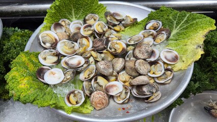 Open Clams on Ice with Lettuce and Parsley Display