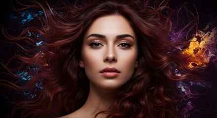 Woman, Female, Girl, Woman with Flowing Red Hair and Colorful Abstract Background