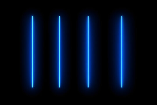 Four glowing neon blue vertical light beams on black background, futuristic laser stripes concept, sci-fi line abstract backdrop, luminous bar lights, blue light energy pattern, cyber technology glow 