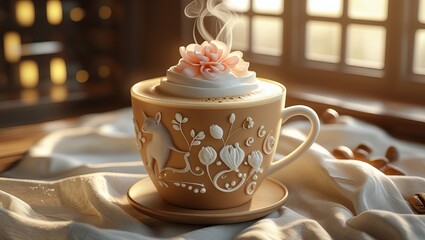 Steaming Coffee in Ornate Beige Mug with Flower and Animal Design