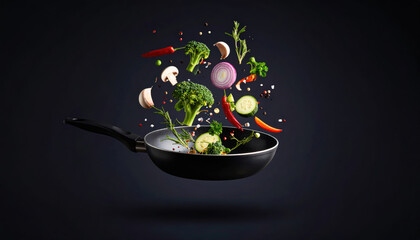 Frying pan with vegetables mid air on dark background, vibrant and fresh ingredients