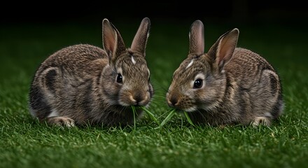 Fototapeta premium Rabbit, Rabbits, Bunny, Two Baby Rabbits Sharing a Blade of Grass