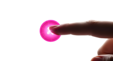 Finger pressing glowing pink button 3d rendered isolated on transparent background