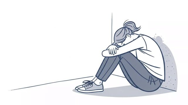 Isolated Stick Figure Woman Seated in Corner Depicting Sadness And Solitude on White Background