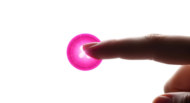 Finger pressing glowing pink button 3d rendered isolated on transparent background - Powered by Adobe