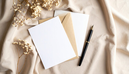Blank cards, envelope, pen, and dried flowers on beige fabric create serene composition
