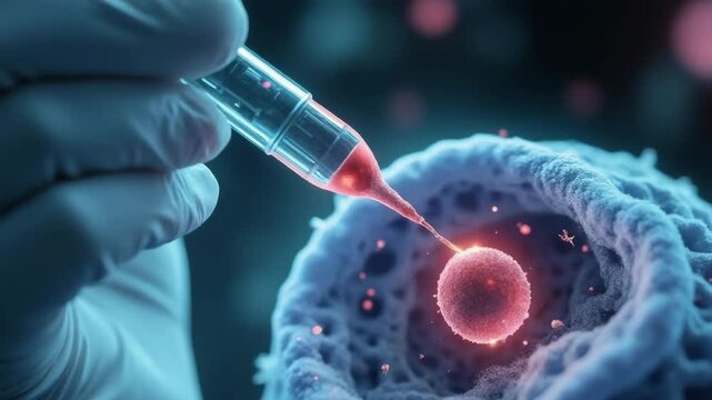 Synthetic Biology concept ,In vitro fertilization pipette cell injection gloved hand laboratory embryo medical science scientific