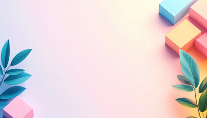Soft pastel background with geometric shapes and vibrant green leaves, creating serene mood