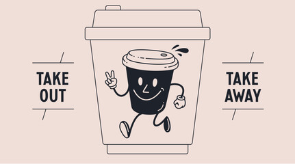 Coffee cup, funny character mascot. Design template, logo, sign, graphic element for advertising, branding, poster. Funny coffee cup, cartoon character mascot, smile coffee cup. Vector Illustration