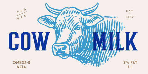 Cow, milk, dairy tag label. Template dairy farm, Milk Tag Label. Vintage cow print, tag, label sketch ink pencil drawing. Cow, milk dairy shop, text, typography. Vector Illustration