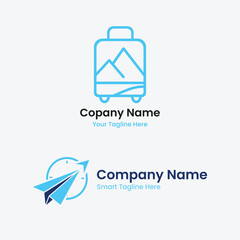 Travel logo set with suitcase and plane icons. Ideal for travel agency, tour operator, airline, flight booking app, or tourism business. Modern, clean, and minimal vector travel logo design template.