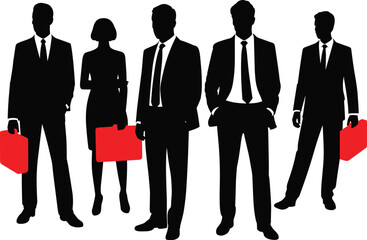 Professional Business Team Silhouette: Diverse Corporate Figures in Formal Attire with Red Briefcases and Documents