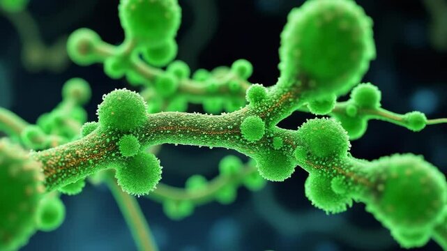 Synthetic Biology concept ,Microscopic view of fungal hypha spore structures showing detailed texture vibrant colors