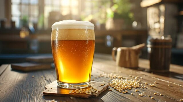 Dark beer pint with foam on rustic wooden table in sunlight