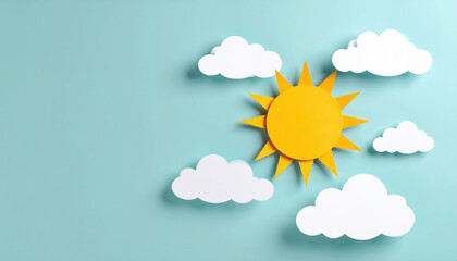 Bright yellow sun with white clouds on blue background, minimal paper cut style design