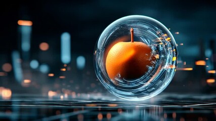 Futuristic digital sphere showcasing an orange apple inside, with a high-tech cityscape background - Powered by Adobe
