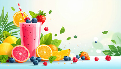 Vibrant fruit smoothie surrounded by fresh fruits and leaves on clean background
