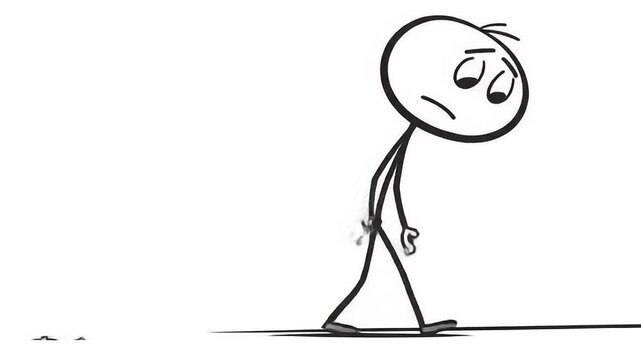 Sad Stickman Walking With Slumped Posture in Black and White Animation Against a White Isolated Background