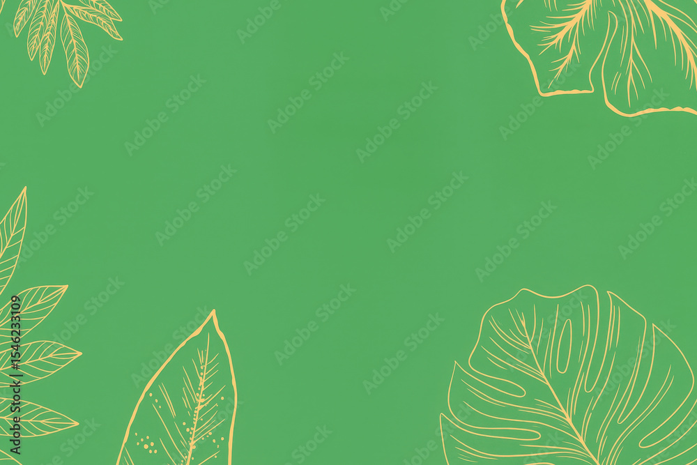 Aufkleber Vibrant green background adorned with delicate golden leaf outlines creating a refreshing and calming aesthetic