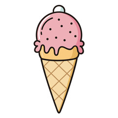 Cartoon Pink Ice Cream Cone Summer Treat with Sprinkles and Waffle Texture