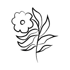Hand-drawn black paint flowers, Ink drawing flowers and leaves in naive style, Black grunge botanical flower icon. Abstract blossom with leaf.