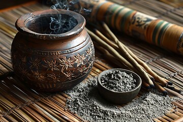 Ceramic incense jar with burning herbs high resolution picture