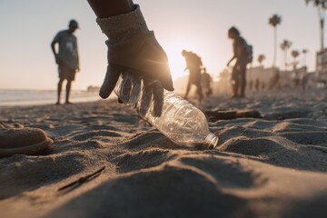 Beach cleanup. Volunteers pick up plastic bottle on sand