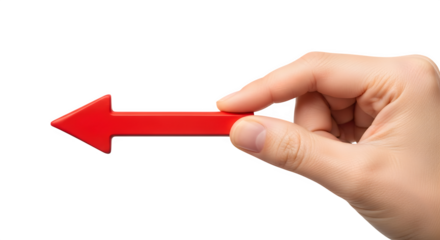 Hand holding red left arrow isolated on transparent background