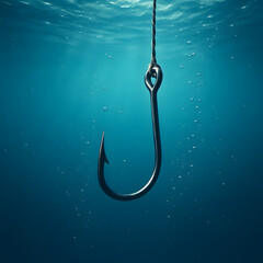 Fishing hook suspended underwater, dramatic ocean scene with bubbles and blue gradient light, minimal concept of bait, danger, and deep sea capture tool, isolated metal object in aquatic depth