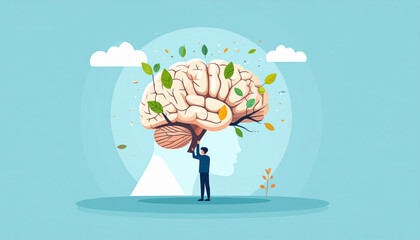 Man holding brain with growing leaves symbolizing mental growth and strength