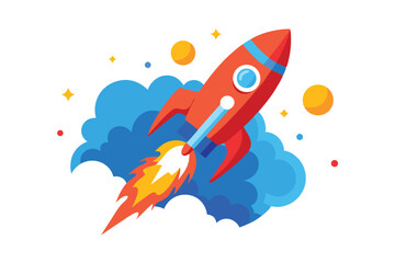 Cartoon Rocket Launching Through Clouds and Stars Illustration for Creative Designs