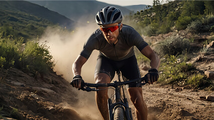 Man riding mountain bike through forest trail in summer adventure scene