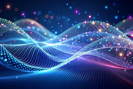 Abstract glowing blue and pink digital wave particles background