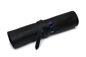 Leather pencil case with colored pencils