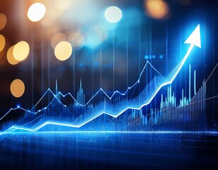blue graph going up on stock market chart on glowing blur bokeh background financial background concept