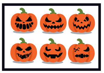 Set of Jack-o'-Lantern Faces with Scary and Funny Expressions – Halloween Pumpkin Vector , Clipart