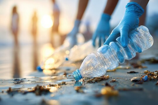 Volunteers in blue gloves pick up plastic bottles on a beach