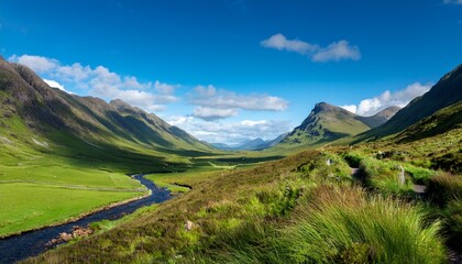 Fototapeta premium majestic scottish highlands a serene green valley under a blue sky