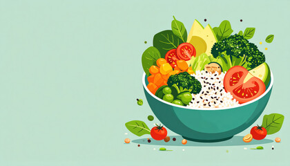 Vibrant bowl of fresh vegetables, rice, and seeds on clean pastel background