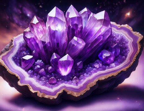 amethyst crystals nestled in a geode showcasing their vibrant purple hues and intricate formations - Powered by Adobe