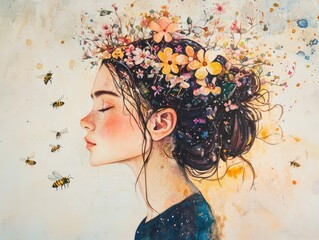 A girl with flowers growing from her hair gazes softly into the distance, as tiny bees orbit her head like a crown, painted in watercolor. 