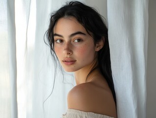 A portrait photograph of a confident young woman with a few freckles and light blemishes