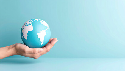 Hand holding small globe on light blue background, symbolizing care for planet