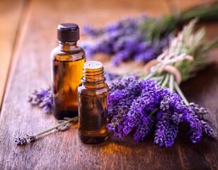 lavender essential oil and fresh lavender flowers on a wooden table