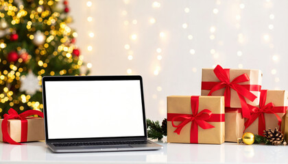 Laptop with blank screen surrounded by Christmas gifts and festive decorations