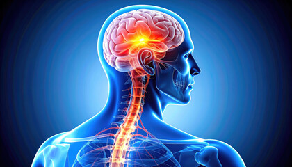 Human brain and spinal cord illustration with glowing neural activity