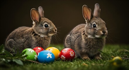 Easter, Bunny, Rabbit, Two Cute Rabbits with Easter Eggs