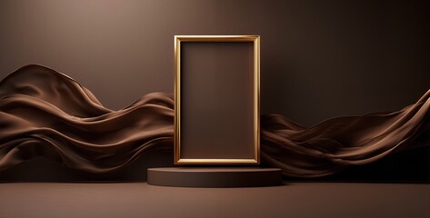 podium in brown background with golden frame pedestal and flying silk satin curtain. Nature wind. Beauty, cosmetic product presentation stand. Luxury feminine mockup 3d render advertisement