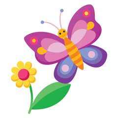 Colorful Cartoon Butterfly Near a Yellow Flower with Green Leaf Illustration