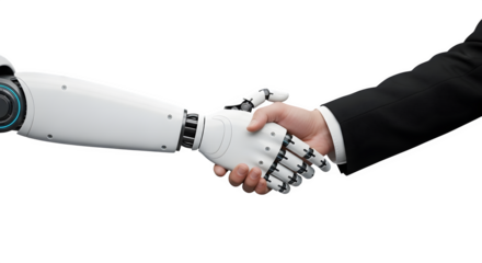 Robot and human handshake 3d rendered isolated on transparent background
